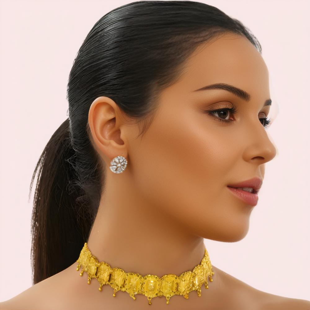 Regal Embossed Temple-Style Gold-Plated Choker Necklace