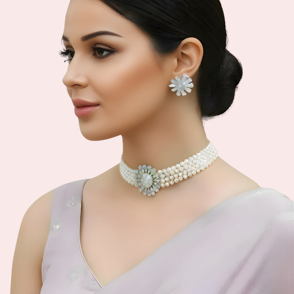 Classic White Pearl Choker Necklace & Floral Earrings Set